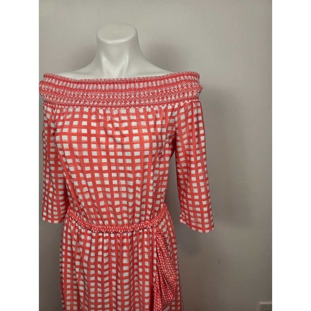 Cabana Life Off Shoulder Smocked Gingham Maxi Dress Coral White Size M - Picture 3 of 8